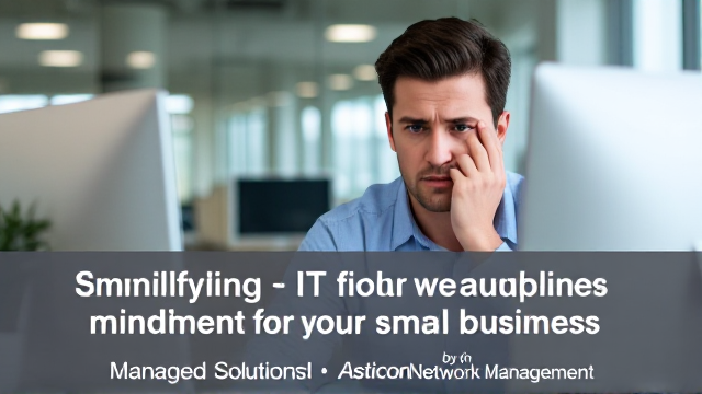 frustrated person at a computer in a modern office, expression of stress and concentration, with text below saying "Simplifying IT Solutions for your small business", below that text saying "Managed Solutions by Asticon Network Management", realistic lighting and details