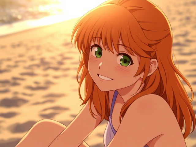 1girl, orange hair, green eyes, freckles, grinning, sitting on a beach, happy,