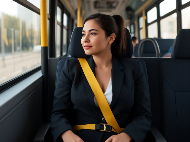 Full body image of a Fit Young business Woman on the bus  in a special needs carseat strapped in a yellow shoulder seat belt harness