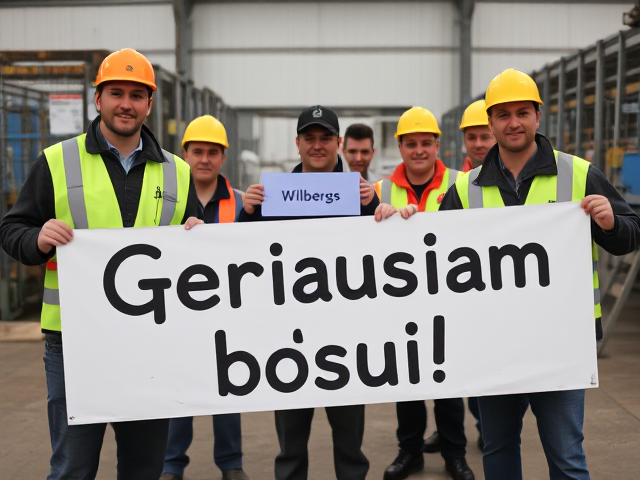 image in which group of workers are holdings big sign in which is writen this text: Geriausiam bosui! Few worker in back are holding smaller signt with blue text: Wilbergs