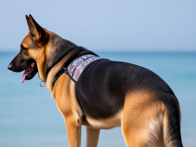 A German shepherd wearing a swimsuit that highlights her hips