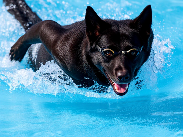 Anthropomorphic black German shepherd swimming, wearing a sleek Nike swimsuit and professional swimming goggles, dynamic pose, detailed water splashes, vibrant lighting
