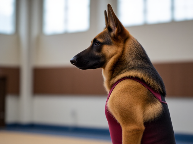 A anthropomorphic German shepherd wearing a gymnastics leotard in a gymnasium