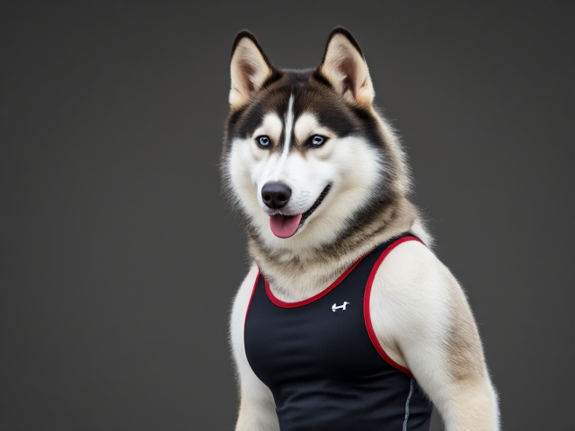 A anthropomorphic Siberian husky wearing an athletic swimsuit