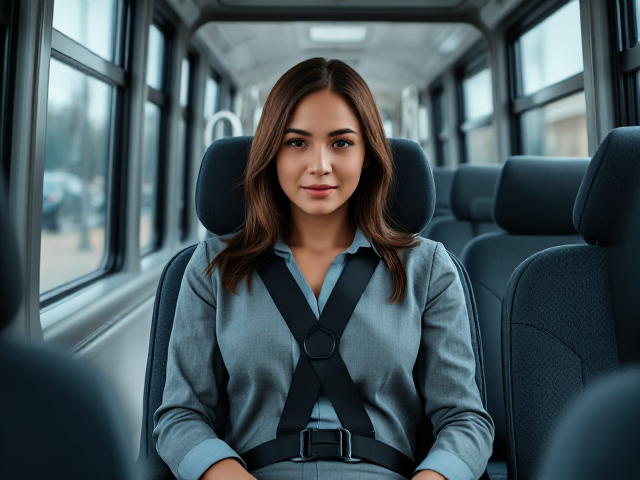 Fit Young business Woman on the bus in a special needs carseat wearing a 5 point harness