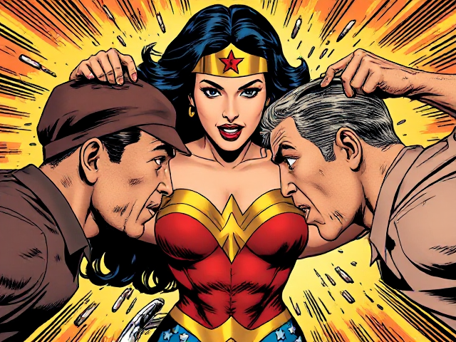 A comic book style image of Wonder Woman crashing two criminal’s heads together