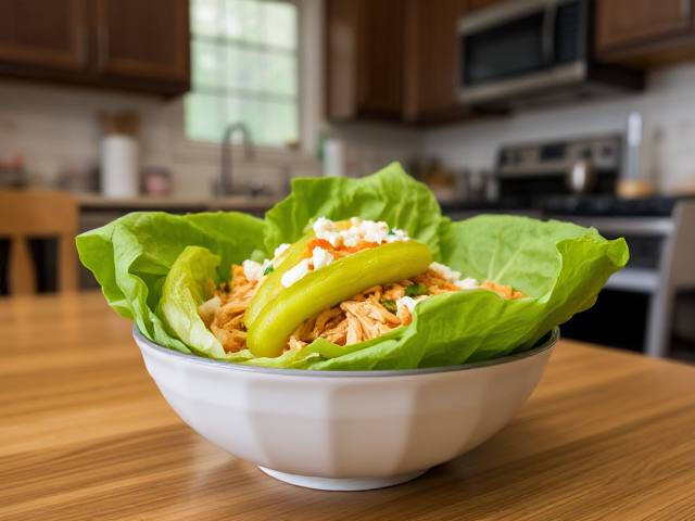 in a cozy kitchen on a table we see a bowl of Keto Buffalo Chicken Lettuce Wraps 🌶️
Ingredients:
1 cup cooked shredded chicken
2 tbsp buffalo sauce
4 large lettuce leaves
2 tbsp blue cheese crumbles