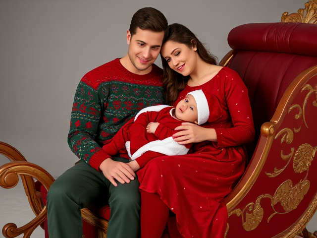 A realistic family scene featuring a young couple and their baby sitting on a beautifully crafted Santa’s sleigh. The man is seated slightly at an angle, his head gently tilted to the side, with a warm and loving expression. The woman is sitting close to him, leaning her head softly on his shoulder, exuding affection and comfort. The baby is lying across both their laps, nestled securely as the parents lovingly hold the baby together.

The man is dressed in a festive red and green Christmas sweater paired with cozy winter pants, while the woman wears an elegant, warm red dress with subtle snowflake patterns and tights. The baby is in an adorable Santa Claus outfit, complete with a matching hat and tiny booties. The sleigh is detailed with intricate golden patterns, giving it a magical and festive feel. The scene captures the warmth, love, and joy of the holiday season with a focus on photorealistic details and cozy, heartfelt poses.