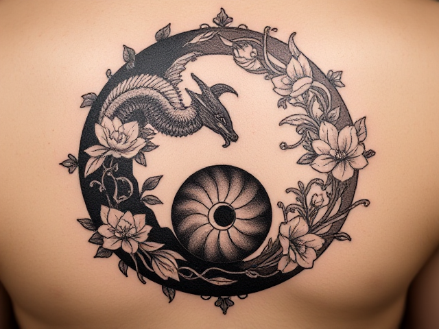 Tatouage yin yang détaillé et réaliste, équilibre harmonieux, noir et blanc, motifs délicats et complexes, rendu fin et précis, style artistique sophistiqué, ornementation élégante avec filigranes minutieux, symbolisme profond de l'équilibre dualité cosmique, texture peau réaliste avec ombrages subtils et nuances fines, détails intriqués des courbes, contrastes saisissants entre les éléments yin et yang, intégration d'éléments naturels comme vagues ou nuages pour accentuer le thème, ajout de fleurs délicates et feuilles entrelacées pour plus de complexité visuelle, lumières douces créant un effet tridimensionnel, incorporation d'animaux mystiques tels que dragons ou phénix pour enrichir la narration symbolique, jeux d'ombres portées pour profondeur supplémentaire, détails micro-gravés rehaussant la finesse artistique du design, précision chirurgicale dans les lignes et les motifs géométriques imbriqués avec exactitude mathématique. Inclure des éléments supplémentaires comme des cristaux scintillants ou pierres précieuses intégrées dans le motif pour un éclat supplémentaire. Utilisation de techniques artistiques avancées telles que le pointillisme ou le hachurage croisé pour ajouter une dimension texturale au design