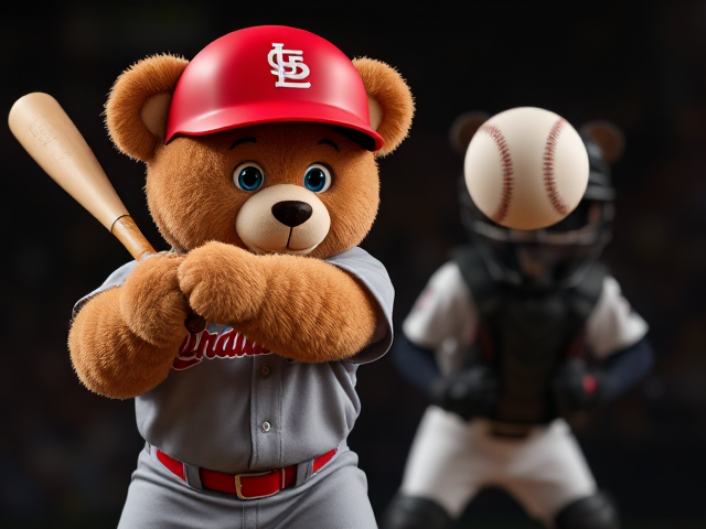 A human teddy bear tan fur blue eyes wearing a cardinals uniform red helmet grey jersey grey pants swinging a light beige baseball bat with red grip tape at a baseball moving at him fast with a black human teddy bear wearing a braves uniform white jersey white pants with navy and red catchers gear getting ready to receive the ball