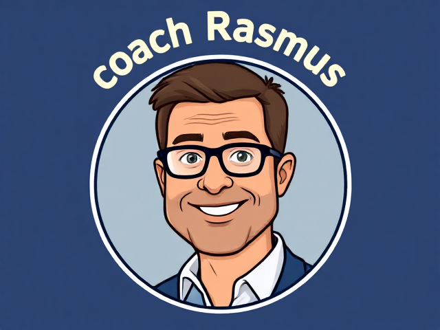 Cartoonist looking coach in a circle with the text above 'coach Rasmus'
