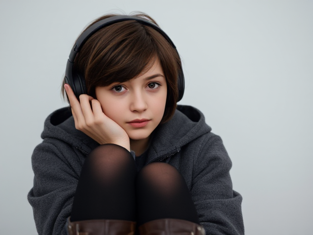 15 year old girl suffering from loneliness, brown dark short shaggy hair, wearing black headphones, dull hazel eyes, wearing a grayish maroon colored jacket,  black stockings, dark brown boots