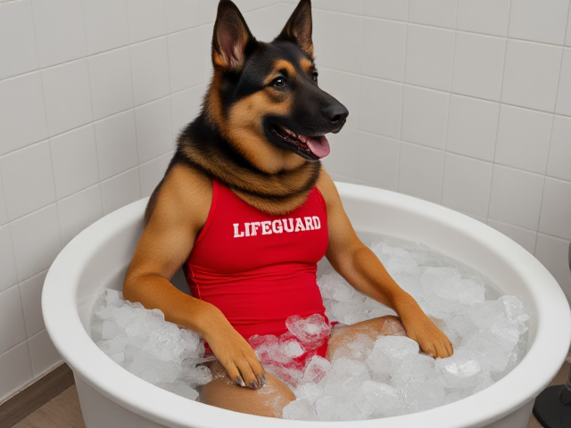 A anthropomorphic German shepherd wearing a red lifeguard one piece swimsuit sitting in a ice bath relaxing her sore muscles