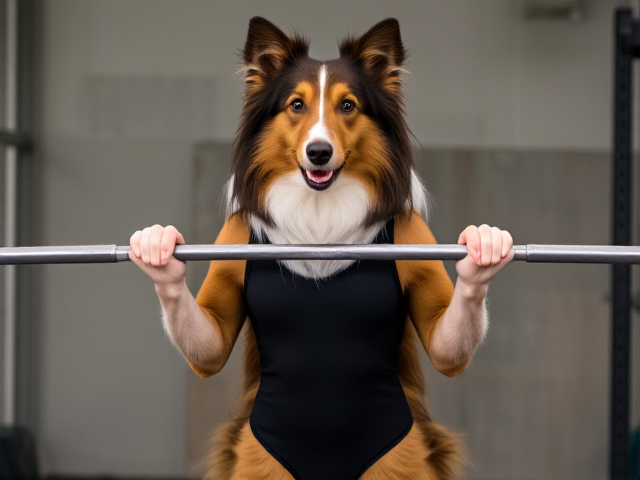 Rough collie wearing a leotard lifting a barbell