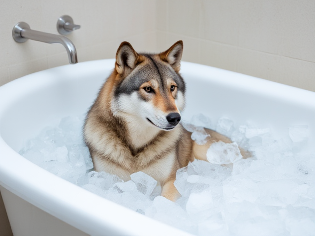 A wolf sitting in a bathtub full of ice