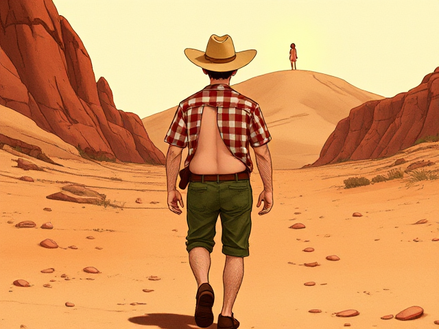 Un cow-boy vu de dos marche dans un désert aride.
Il est maigre avec un gros ventre, des bras et jambes osseux, poilus.
Il porte un vieux chapeau de paille, une chemise rouge et blanche à carreaux déchirée, un pantalon court vert en tissu épais, abîmé.
Ses vêtements sont sales et en très mauvais état.
Le décor : un désert de style western, avec sable, roches rouges, falaises et cailloux.
En haut d’une colline, loin devant lui, une femme mystérieuse se tient, éclairée comme un mirage.

Style visuel : dessin animé vintage, couleurs chaudes, texture comme dans Lucky Luke.