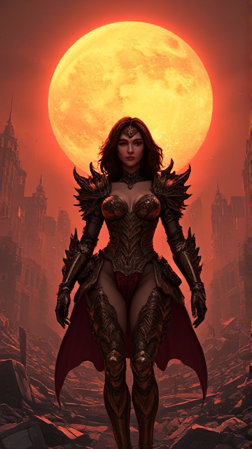 A surreal and sensual scene of a powerful, armor-clad female figure surrounded by the destruction of a once-vibrant city. The sun, a massive and intense ball of light, looms in the background, casting dramatic shadows and highlighting the intense colors of the scene. The figure's armor is adorned with intricate, fantastical patterns and appears to be alive, pulsating with energy. The overall atmosphere is a blend of chaos, beauty, and mystery, invoking a sense of both destruction and rebirth.