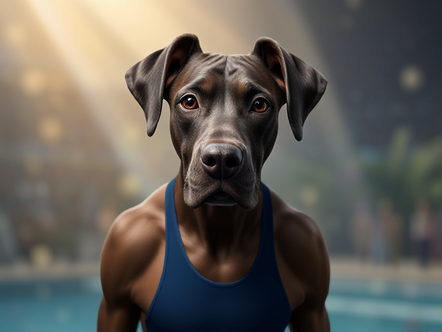 A anthropomorphic Great Dane Olympic diver wearing a high cut one piece swimsuit