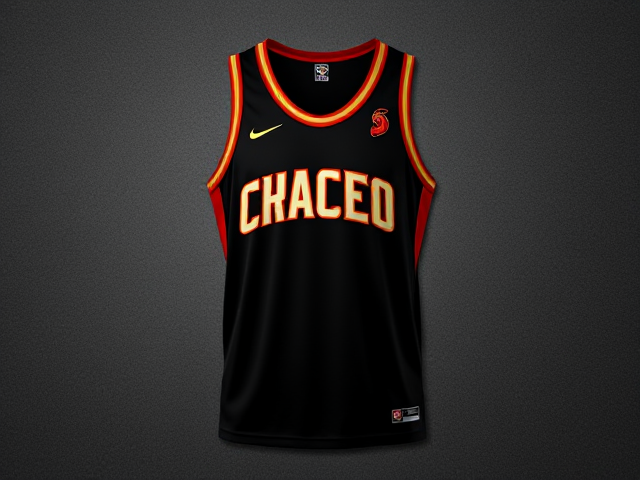 A black and red singlet for a sports team with gold accents and a hot chilli and nacho theme