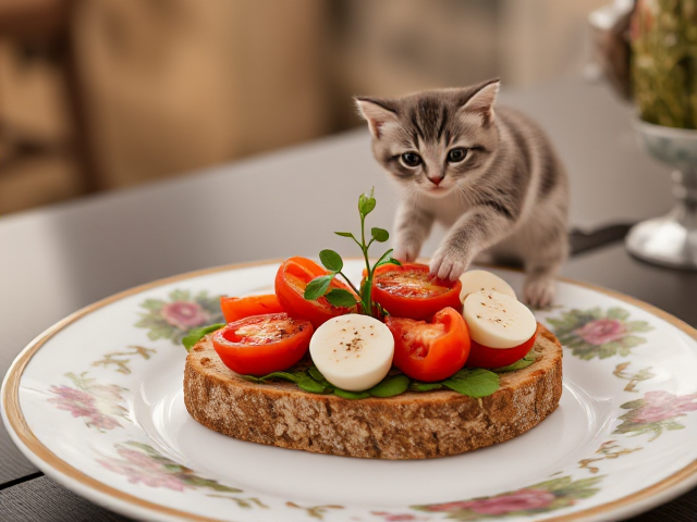 Una bruschetta pomodorro e mozzarella. Assiette en céramique florale et colorée. Lieu : terasse en Sicile. Aiguilles à tricoter planté dans une pelote de laine. Un chaton joue avec la pelote de laine.