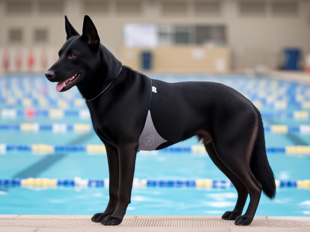 A female ((anthropomorphic)) black German shepherd Olympic swimmer with broad shoulders and a long torso wearing a one piece swimsuit standing on the pool deck