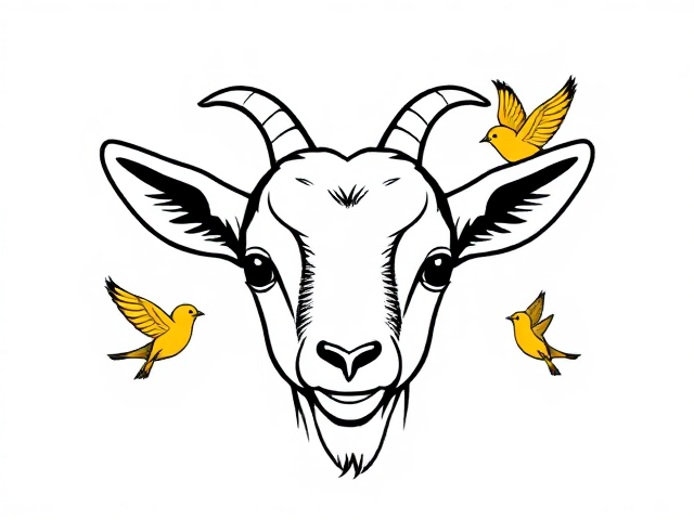 Draw a logo of a baby goats face with three honeyeater birds flying around using a single line to draw