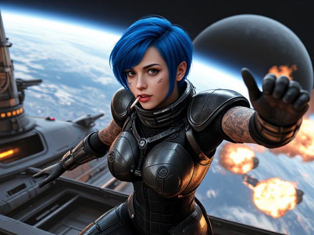 25 years, Young, nymph face tattoo Goth Space girl, royal blue short hair, robotic armour armor suit, tattoos, jumping out of a battleships, shiny black planet in background, giant blasts explosions at a distance, hyperrealistic, 4K, cigarette in mouth