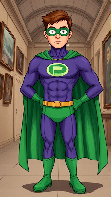 Cartoon scene: A young, Autistic 25-year old boy with light skin and flat, smooth, and slick brown hair named T.J. Granger, but transformed into a genetically-altered superhero named Powerman, who, despite still being a young adult kid, has an extremely muscular body. He wears a sleek purple suit with a green P symbol on his chest, a gold belt with a circular buckle, green briefs, green boots, green long-cuffed gloves, a really big, toe-length long, ultra-wide green cape wreathed around his neck, and a green eye mask that protects his true identity. He also has incredible and invincible superpowers flowing through his veins. In this scene, Powerman is currently standing in a museum, investigating the scene of the crime.