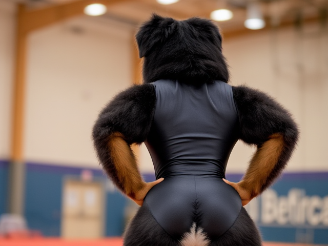 Bernese mountain dog with strong hips, wearing a gymnastics leotard, inside a gymnasium, dynamic pose, vibrant lighting, detailed fur