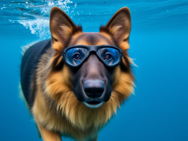 A long-haired German Shepherd wearing freediving goggles, swimming underwater with clear blue surroundings