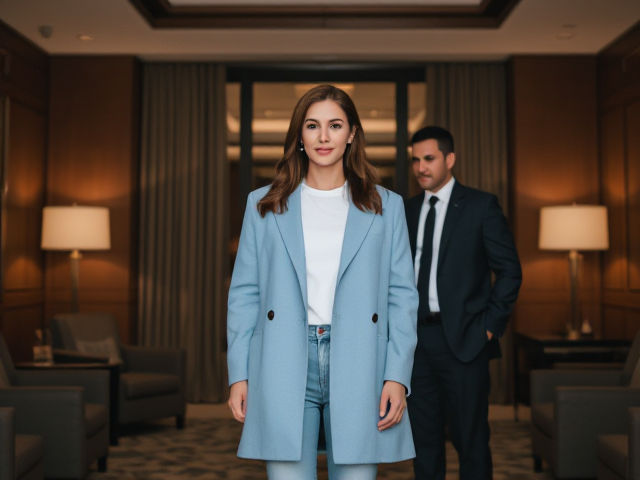 Brunette wearing a light blue coat and light blue jeans alone in a hotel meeting with a strange businessman
