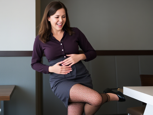 Beautiful brunette waitress in fishnet stockings, shirt skirt, a long-sleeve button up shirt and black heels holding her stomach and laughing uncontrollably.  She is bending one leg.  Her full body is visible.