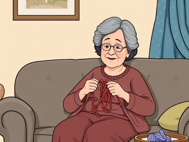 Draw a cartoon of a dark haired old lady on a couch knitting