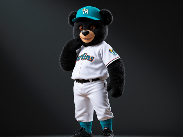 A tall built human teddy bear black fur brown eyes wearing a 90s Marlins uniform teal hat white jersey white baseball pants teal socks black cleats smiling
