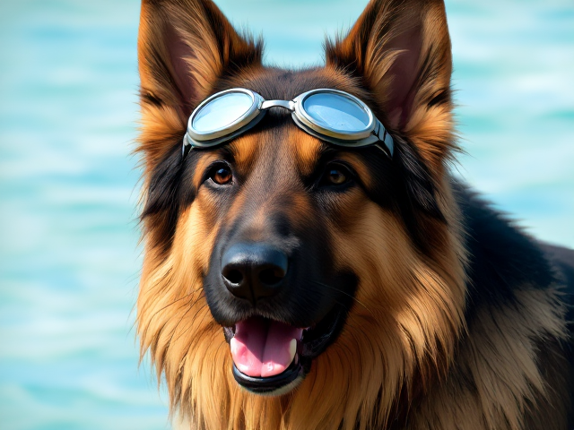 A long haired German shepherd wearing swimming goggles