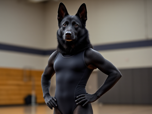 Anthropomorphic black German shepherd wearing a gymnastics leotard, posing with emphasis on its hips in a gymnasium setting, detailed and vibrant colors