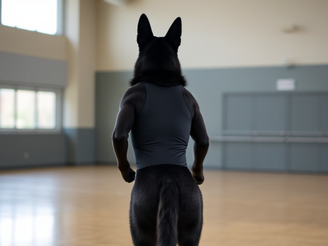 Anthropomorphic black German shepherd, wearing a gymnastics leotard, performing in a gymnasium, dynamic pose