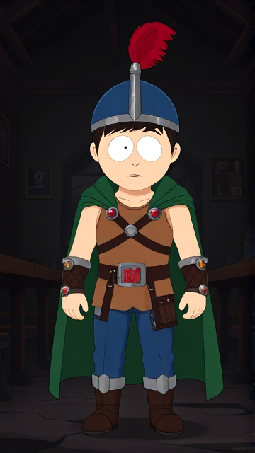 Dramatic Cartoon scene: Stan Marsh from South Park, light skin and black hair, but as a 14-Year Old teenager with a muscular torso, dressed as a medieval warrior, wearing a light brown tank top, a black belt with a silver square buckle adorned with a red castle emblem, blue jeans, steel armored boots, jeweled wrist cuffs, a really big, heel-length long, ultra-wide green cape held up by two silver buttons with red jewels with a strong unbreakable wire connecting them both, and a blue helmet with buffalo emblems on both sides, outlined by silver steel rims going around and across the top, with a really long red feather sticking out at the top. He is now known as Sir Marsh. Despite still being a teenage kid, he is the Youngest Commander of the Zaronian Army, and one of the youngest and greatest heroes hailing from South Park, Colorado, but now reborn as the real life Kingdom of Kupa Keep, Zaron. The young teenage hero is currently standing in a dark, abandoned tavern, intently awaiting the arrival of someone he knows.