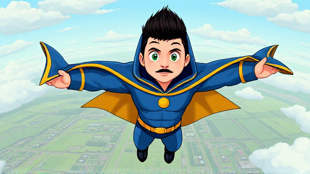 Cartoon scene: A preteen 12-year old boy with light skin and freckles on his cheeks named Kyle Lipton, but transformed into a superhero named Dr. Dimensionpants, who, despite still being a kid, has an extremely muscular body. He wears a tight blue hood outlined by a yellow line that covers the back half of his head and leaves his ears exposed, with a smooth, slicked back black mohawk on top. He also wears a sleek blue bodysuit outlined with yellow lines on the cuffs of the sleeves and pants, a golden belt with a circular buckle, black boots, and a really big, heel-length long, ultra-wide blue cape with a really big collar outlined with yellow lines wreathed around his neck held up by a golden button. The pupils in his eyes are green, and he has a long black twin moustache, which help protect his true identity in this form. He also has incredible, invincible, and cosmic superpowers flowing through his veins. He is currently flying through the sky high above Ganderville, the city he protects, searching for trouble.