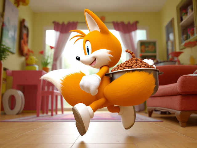 A side shot of A young and adorable depiction of a smaller, younger version of Miles "Tails" Prower the two tailed fox wearing gloves and white socks. He is running through a brightly lit, colorful house with playful decorations and furniture, carrying a GIANT pot of baked beans that he totally didn't steal. Beans are splashing out of the pot as Tails mischievously looks behind him to ensure he isn't being chased. His two fluffy tails are flowing behind him dynamically, adding to the sense of motion and excitement in the scene. His butt is prominent and primed for the gassy joyful experience he will soon be having