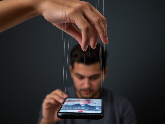 fait moi une image représentant une manipulation des réseau sociaux avec une main marionnette sur un téléphone ou une personne regarde instagrame ( on voit la tête de la personne et la main manipulatrice a des files au bout des doight )