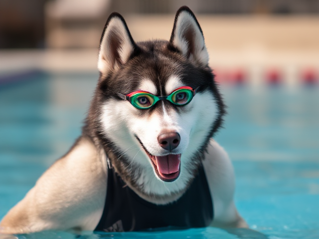 A anthropomorphic Siberian husky wearing an adidas swimsuit and swimming goggles