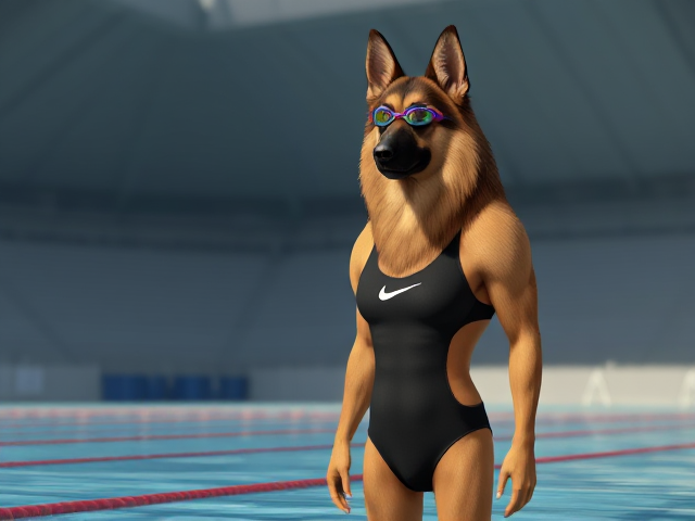 A tall anthropomorphic long haired German shepherd with a long torso and broad shoulders, wearing a high cut Nike one piece swimsuit and swimming goggles, in a Olympic swimming pool
