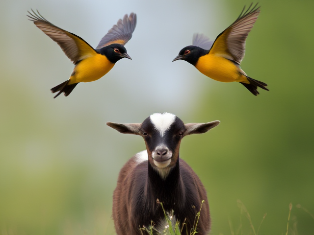 Create an image of honeyeater birds flying around three baby goats