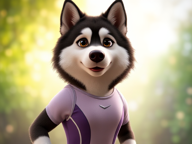 A Alaskan malamute wearing a gymnastics leotard