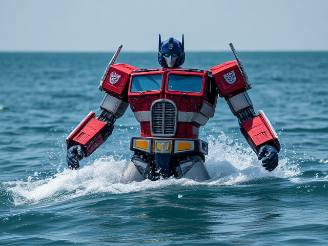 Lifelike Optimus prime rising from the ocean