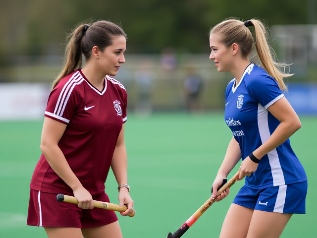 Beautiful middle aged field hockey woman in a burgundy uniform faces off against a beautiful middle aged field hockey woman in a blue and white uniform