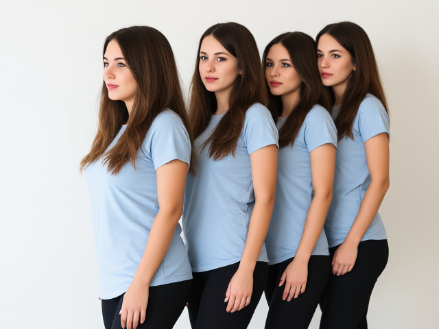 Line of finite brunettes wearing a light blue t shirt that goes to her knees and black yoga pants