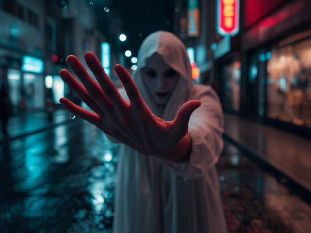 Augmented Reality ghostly figure reaching out from a digital device, surrounded by shimmering virtual elements fading into the real world, teardrops suspended in mid-air as if defying gravity; the background is a dimly lit urban street, with rain-soaked pavement reflecting neon lights. The style is hyper-realistic with intricate textures, captured at eye-level in a medium shot to emphasize the haunting presence. Soft ambient lighting enhances the melancholic atmosphere