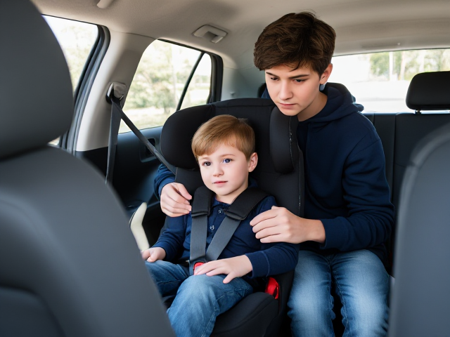 teenage boy with curly hair, wearing a navy hoodie and faded blue jeans, carefully securing the straps of a child car seat around his 11-year-old little brother with short brown hair, inside a spacious family car with a clean interior, natural sunlight filtering through the windows casting soft shadows